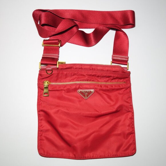 Vintage Prada Tessuto Triangle w/ Logo Red Crossbody Nylon Bag, Size Medium - Picture 1 of 16